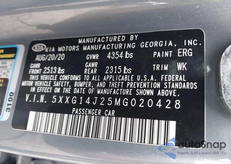 2021 Kia K5 Lxs z USA, uszkodzony, nr VIN 5XXG14J25MG020428